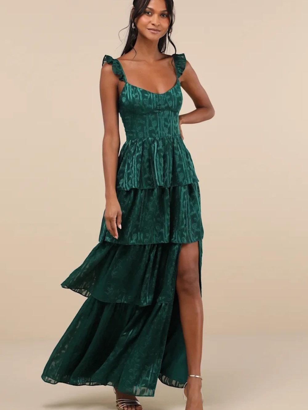 Lulu's Deep Green Tiered Ruffle Maxi Dress